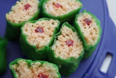 A slices of rice crispies wrapped in a fruit roll-ups. 