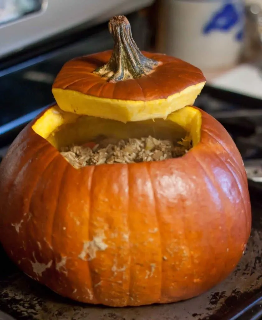 Dinner In A Pumpkin : So Very Blessed - A hearty, comfort food meal made with rice and ground beef, then festively baked right in a pumpkin! 