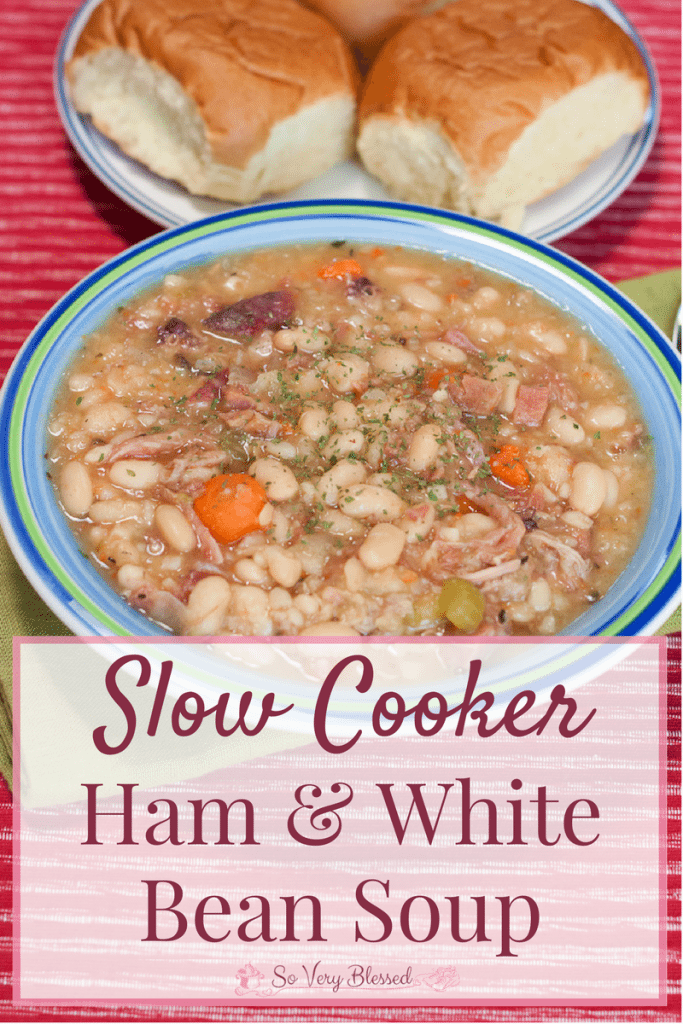 Slow Cooker Ham & White Bean Soup Recipe : So Very Blessed – This warm, hearty crockpot soup is the perfect way to use that leftover ham bone for a bowl of comfort food on chilly evenings!