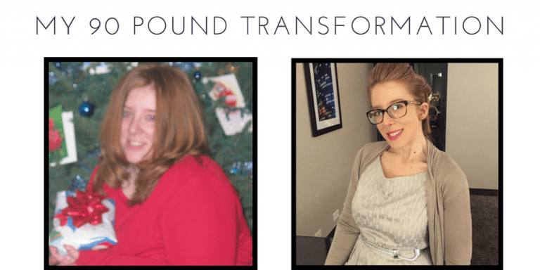 A before and after photo of Krista with her 90-Pound Weight Loss Story