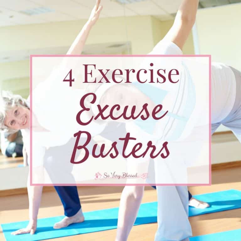 An image of a woman doing exercise with a text overlay in the middle reads as 4 Exercise Excuse Busters