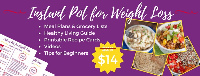 Different photos of healthy breakfast recipes with a text overlay reads as Instant Pot for Weight loss. In this Instant Pot for Weight Loss course, we show you how to use your Instant Pot for weight loss with healthy recipes, videos, meal plans, and weight loss guides.