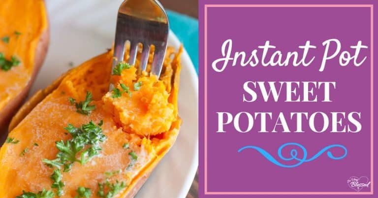 A photo of a sweet Potatoes served in a white plate with text overlay that reads as 'Instant Post Sweet Potatoes'. These Instant Pot Sweet Potatoes are made so much quicker than the oven, making it the perfect healthy recipe for your weekly meal prep.