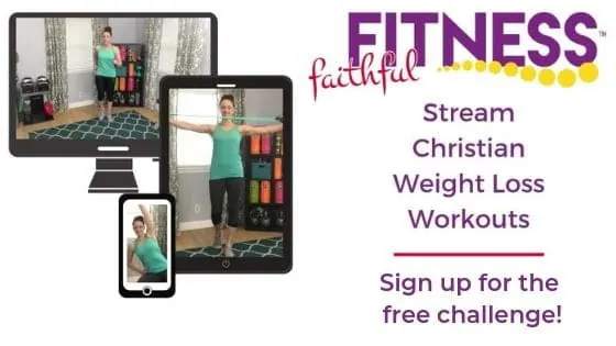 Kristen showing at-home workouts on a computer screen, tablet, and phone for Faithful Fitness.