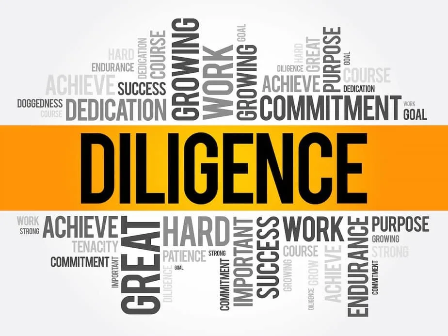 Sign with Diligence in the center surrounded by other power words for Bible Verses on Diligence