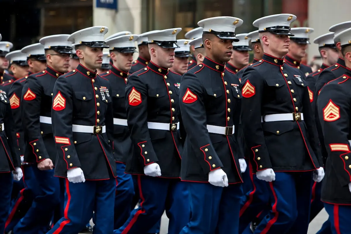 United States Marines marching together in formation for 38 Bible verses for Marines