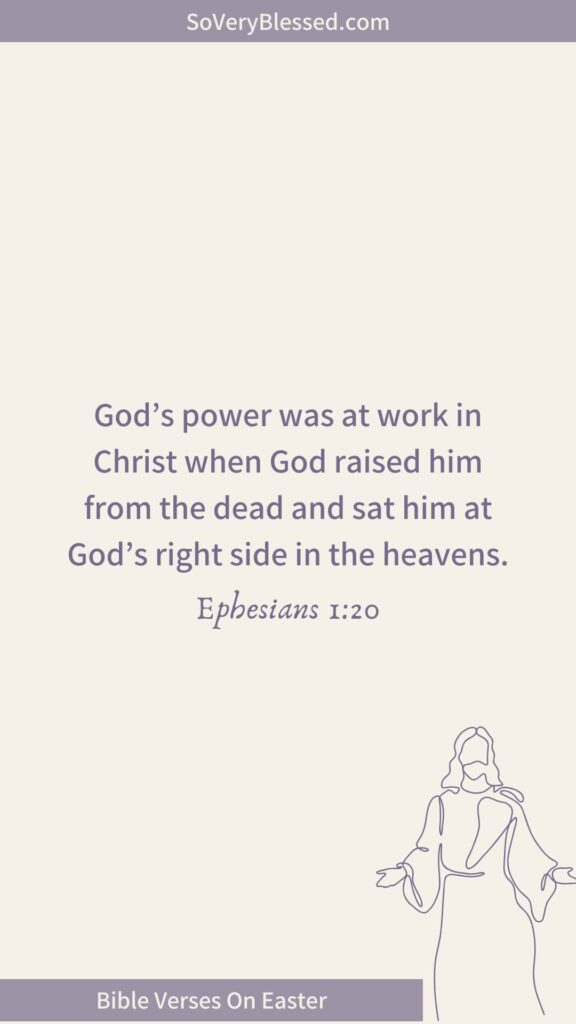 A plain background displaying Ephesians 1:20: "God’s power was at work in Christ when God raised him from the dead and sat him at God’s right side in the heavens." The bottom banner reads "Bible Verses On Easter," with a minimalist line drawing of Jesus.