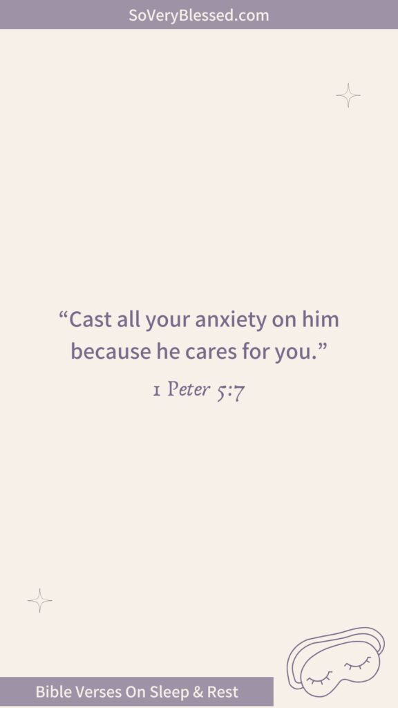 A clean beige background with purple text displaying the verse, "Cast all your anxiety on him because he cares for you. 1 Peter 5:7." The lavender header at the top shows "SoVeryBlessed.com." Minimal star accents appear on the corners, and a purple sleep mask icon is in the bottom right. The footer reads, "Bible Verses On Sleep & Rest."