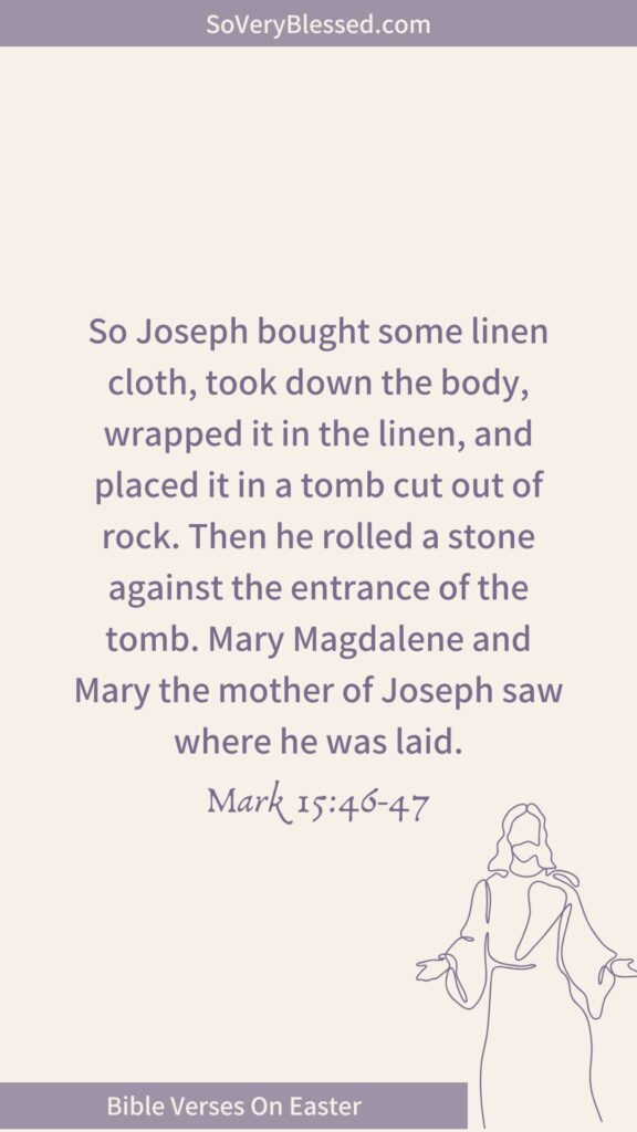 A plain beige background with Mark 15:46-47: "So Joseph bought some linen cloth, took down the body, wrapped it in the linen, and placed it in a tomb cut out of rock. Then he rolled a stone against the entrance of the tomb. Mary Magdalene and Mary the mother of Joseph saw where he was laid." The bottom banner reads "Bible Verses On Easter," with a simple line drawing of Jesus.
