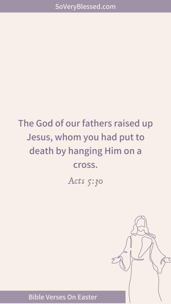 A beige background featuring Acts 5:30: "The God of our fathers raised up Jesus, whom you had put to death by hanging Him on a cross." The bottom banner reads "Bible Verses On Easter," with a simple line drawing of Jesus.