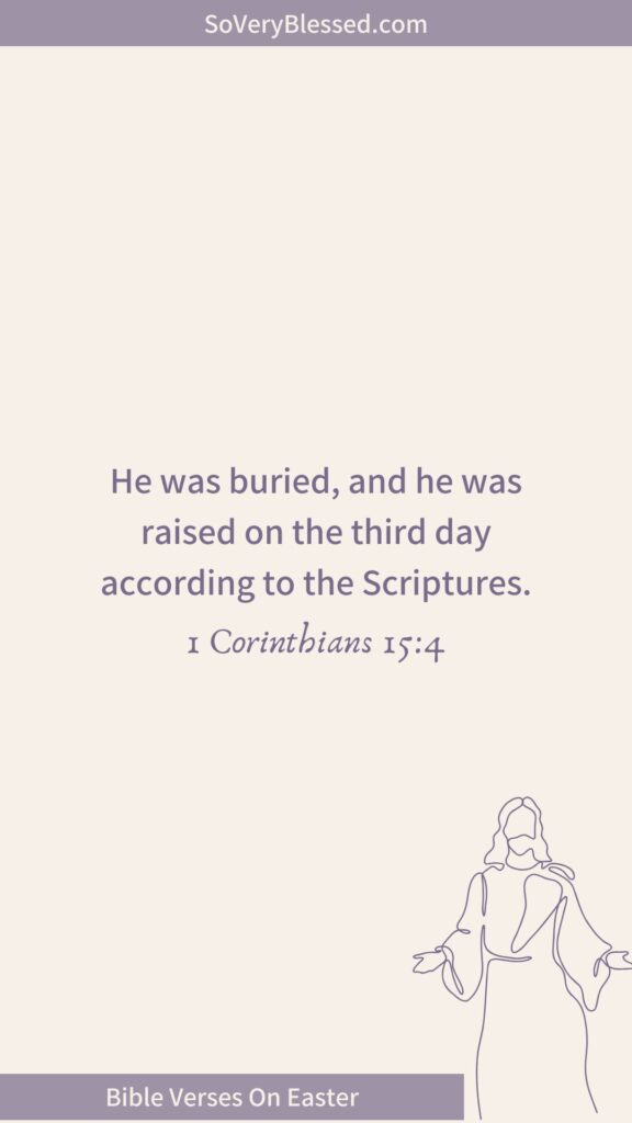 A plain background displaying 1 Corinthians 15:4: "He was buried, and he was raised on the third day according to the Scriptures." The bottom banner reads "Bible Verses On Easter," with a minimalist line drawing of Jesus.