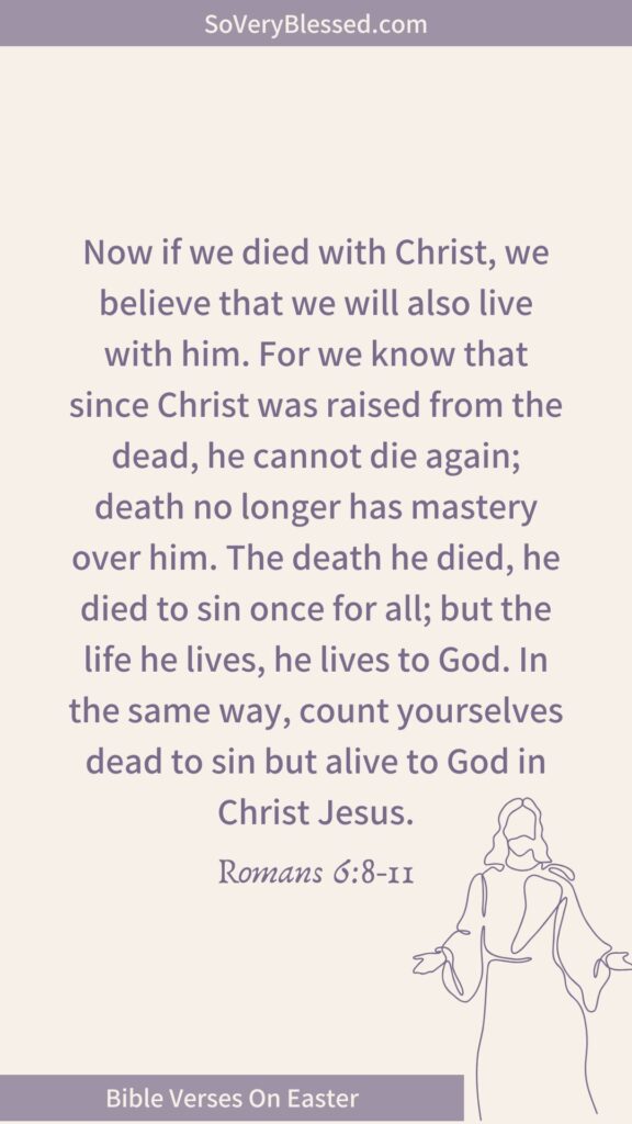 A clean beige background featuring Romans 6:8-11: "Now if we died with Christ, we believe that we will also live with him. For we know that since Christ was raised from the dead, he cannot die again; death no longer has mastery over him. The death he died, he died to sin once for all; but the life he lives, he lives to God. In the same way, count yourselves dead to sin but alive to God in Christ Jesus." The bottom banner reads "Bible Verses On Easter," with a minimalist line drawing of Jesus.