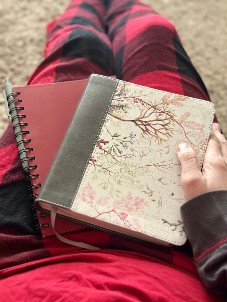 Woman sitting on the floor with bent legs wearing red flannel pj pants holding a Bible and a journal and pen in her lap